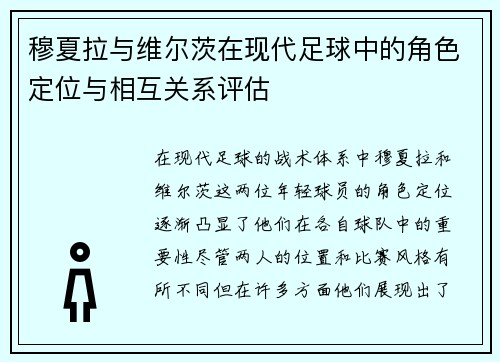 穆夏拉与维尔茨在现代足球中的角色定位与相互关系评估